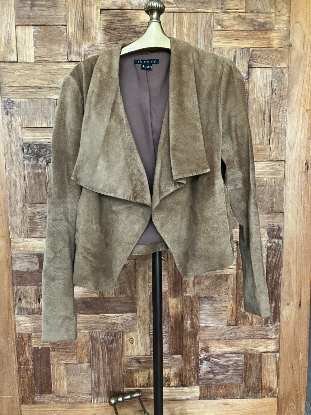 Theory Drape-Front Suede Jacket, Tan, Size Small